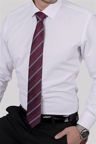 Gömlek Kravat Seti (Bordo Çizgili Kravat & Beyaz Armür Desenli Slimfit Gömlek)