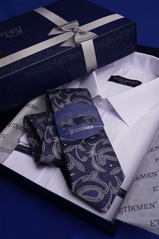 Gömlek Kravat Seti (Lacivert Şal Desenli Kravat & Beyaz Armür Slimfit Gömlek)